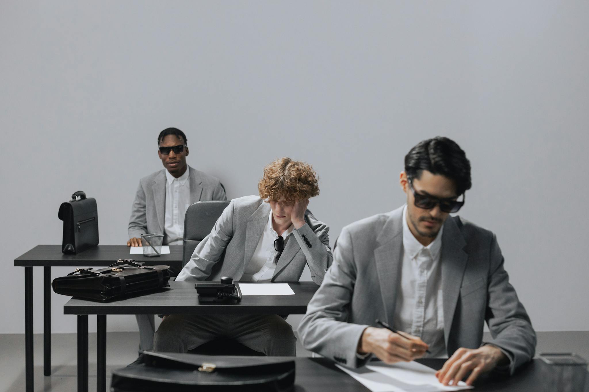 Three men in gray suits writing an exam indoors. Focus on business attire and concentration.