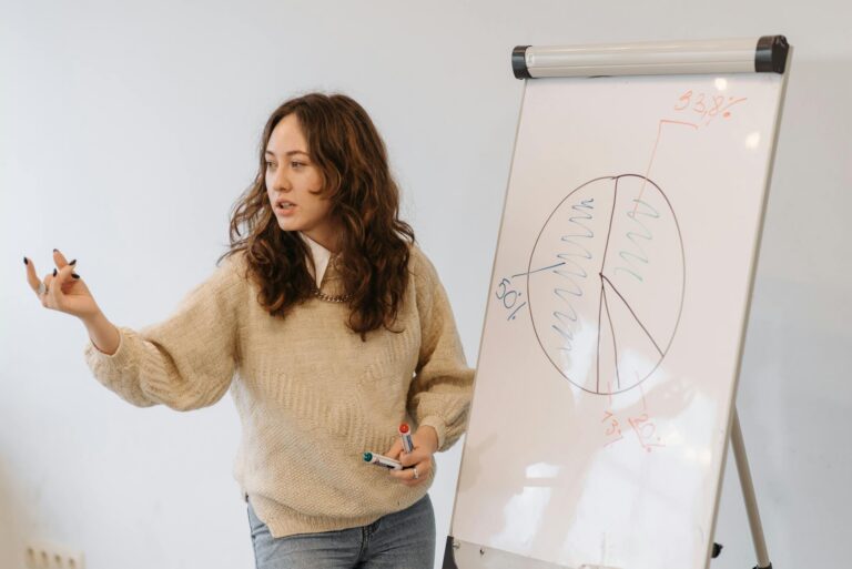 Woman gives presentation with pie chart on whiteboard, explaining data analysis.